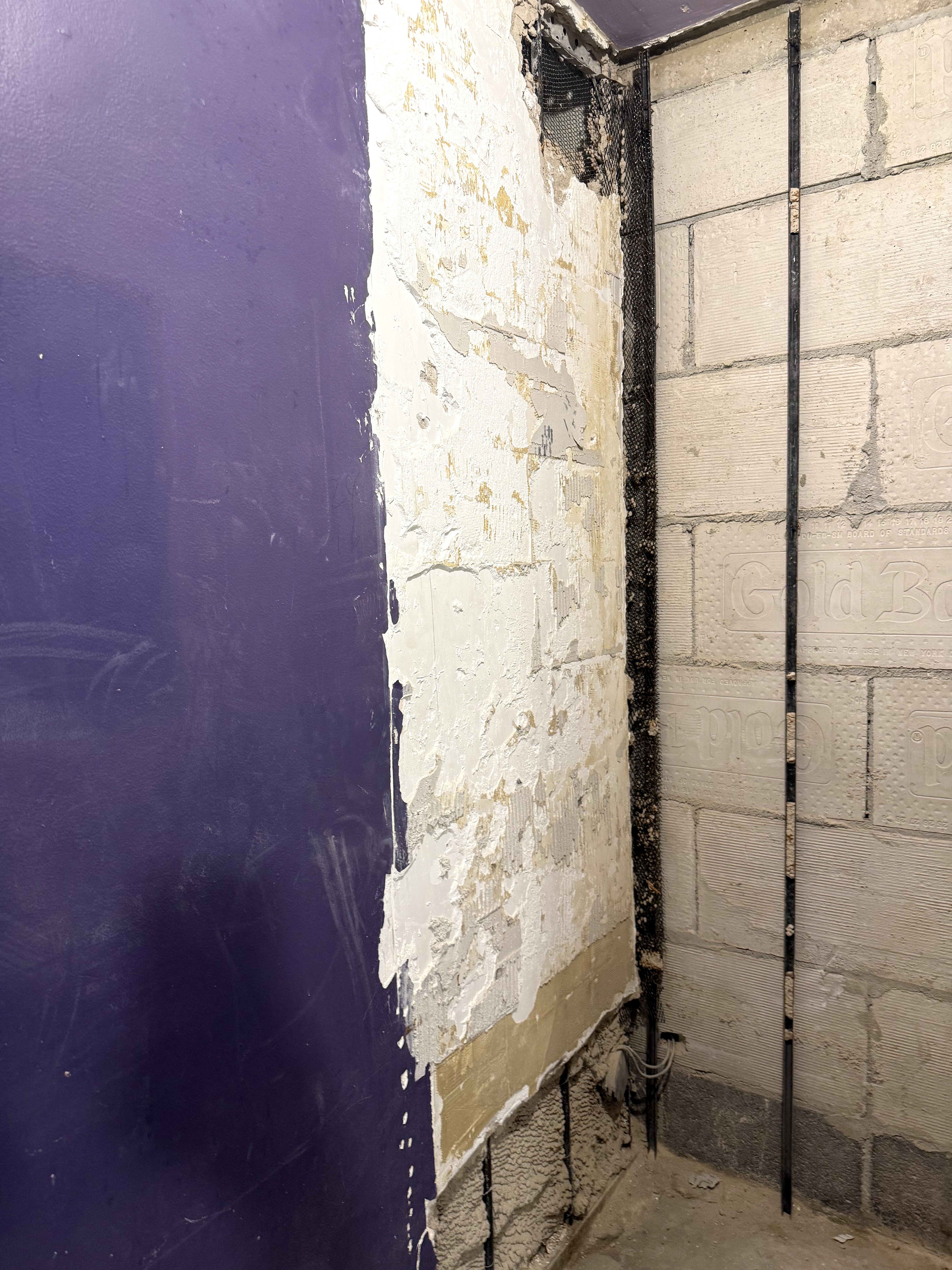 Bathroom pre-renovation showing damaged walls and exposed plumbing