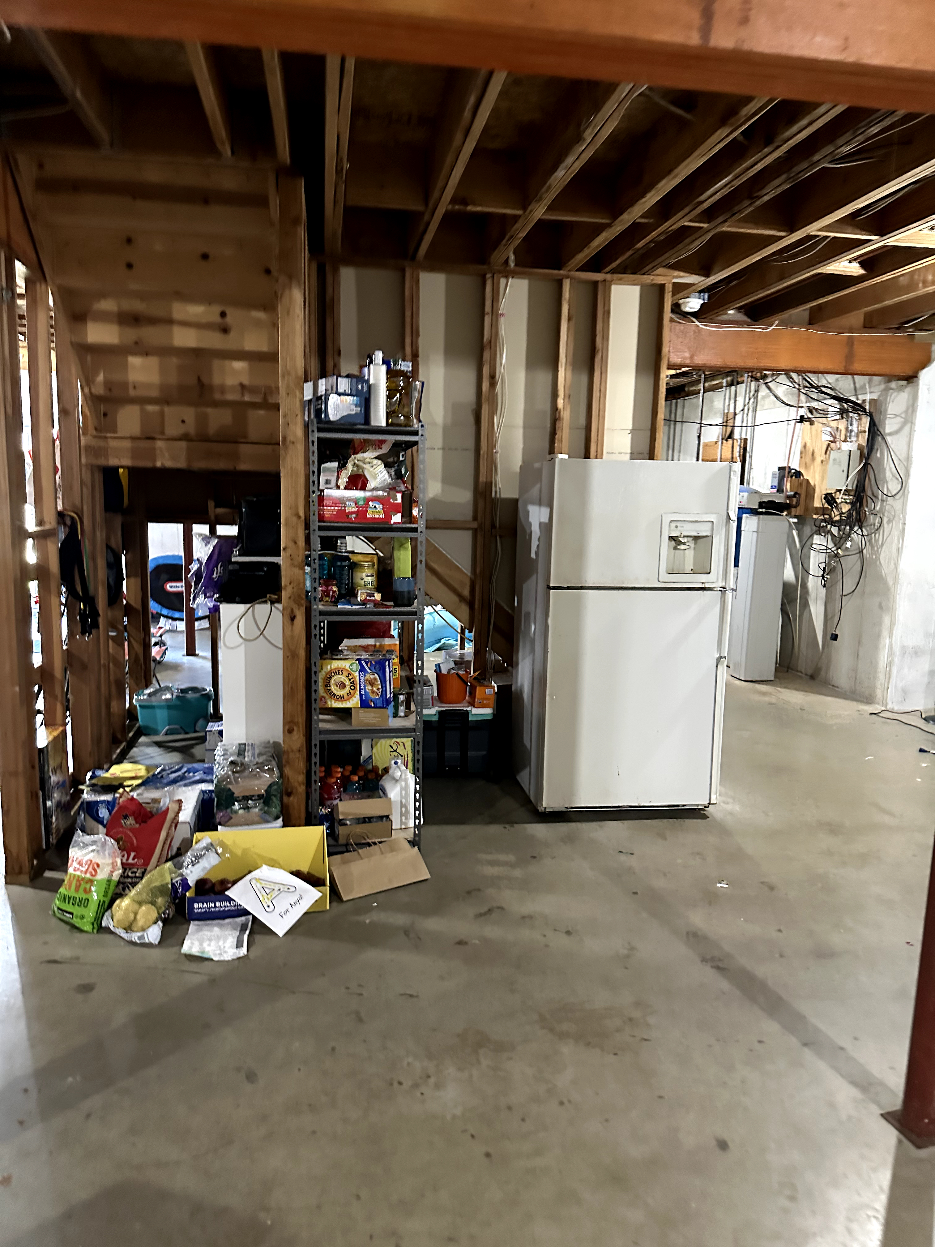 Unfinished basement with open wood framing, concrete floor, white freezer, and exposed wiring in Kinnelon, NJ, before renovation.